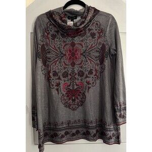 Suzanne Betro Long Sleeve Tunic Top Light Sweater Grey Boho Print Plus Size S